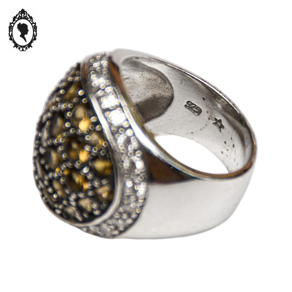 Grosse bague en argent et pierre strass beige style boule T 54