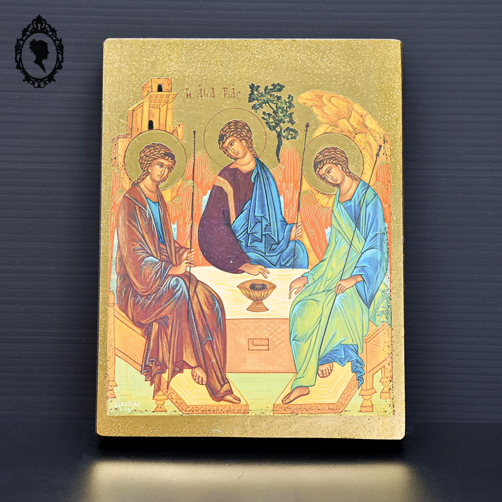 Icône sur bois scène religieuse dorée à la feuille La Sainte Trinité