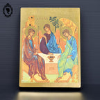 Icône sur bois scène religieuse dorée à la feuille La Sainte Trinité
