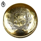 Jolie boite bonbonnière ronde dorée en laiton avec armoiries blason