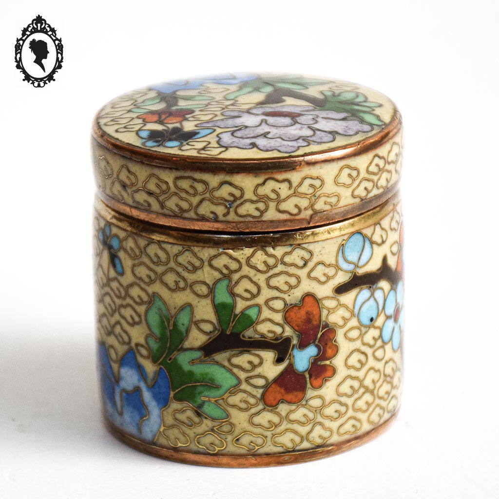 Jolie petite boite jaune vert ronde cylindrique en émail émaux cloisonnés vintage