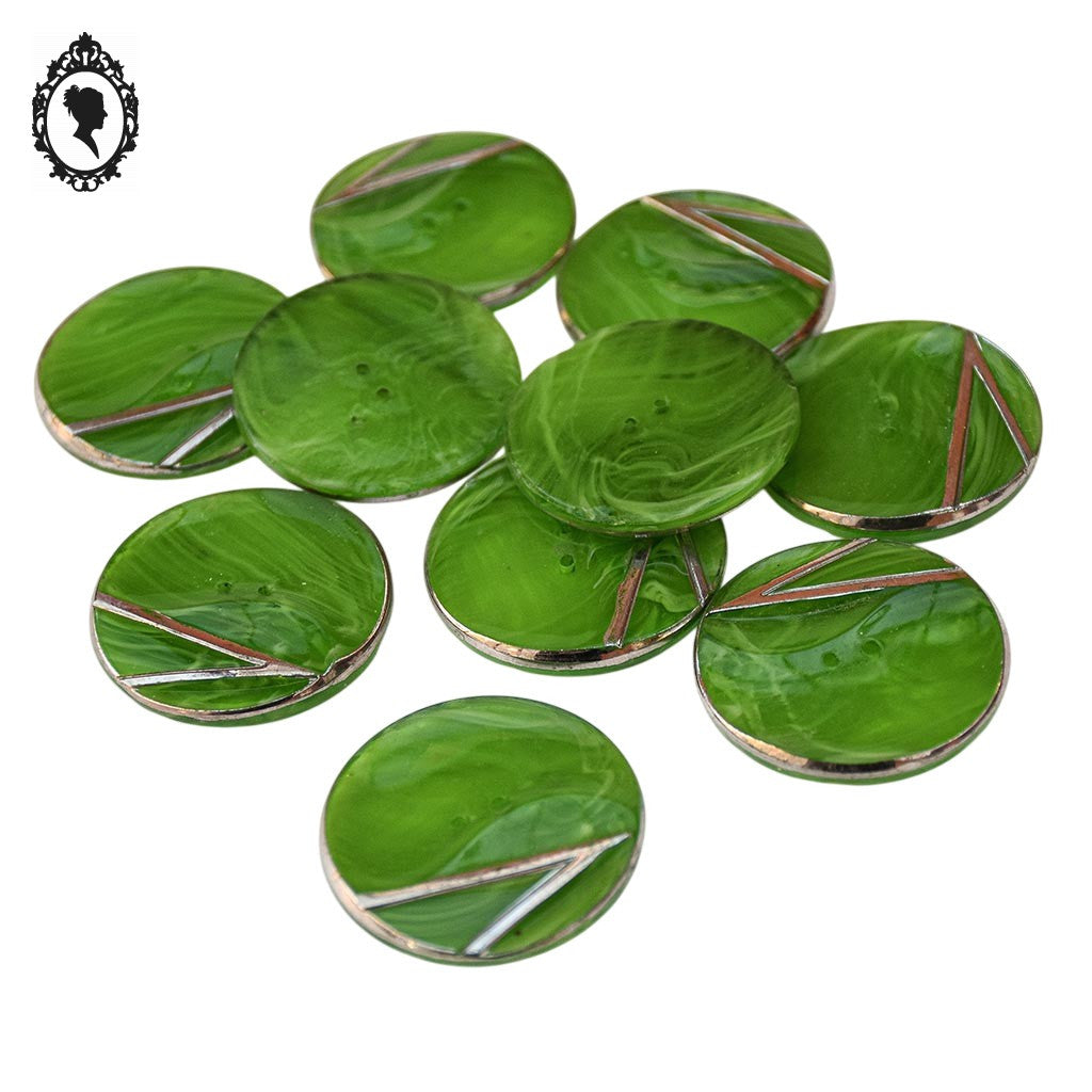 Lot 10 gros boutons en verre vert et liseré argenté vintage D 3,1 cm