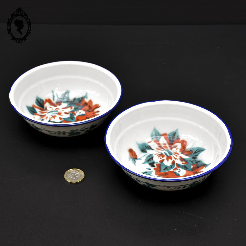 Lot 2 bols calottes rond fleuri en tôle fer émaillé vintage rétro D 14 cm