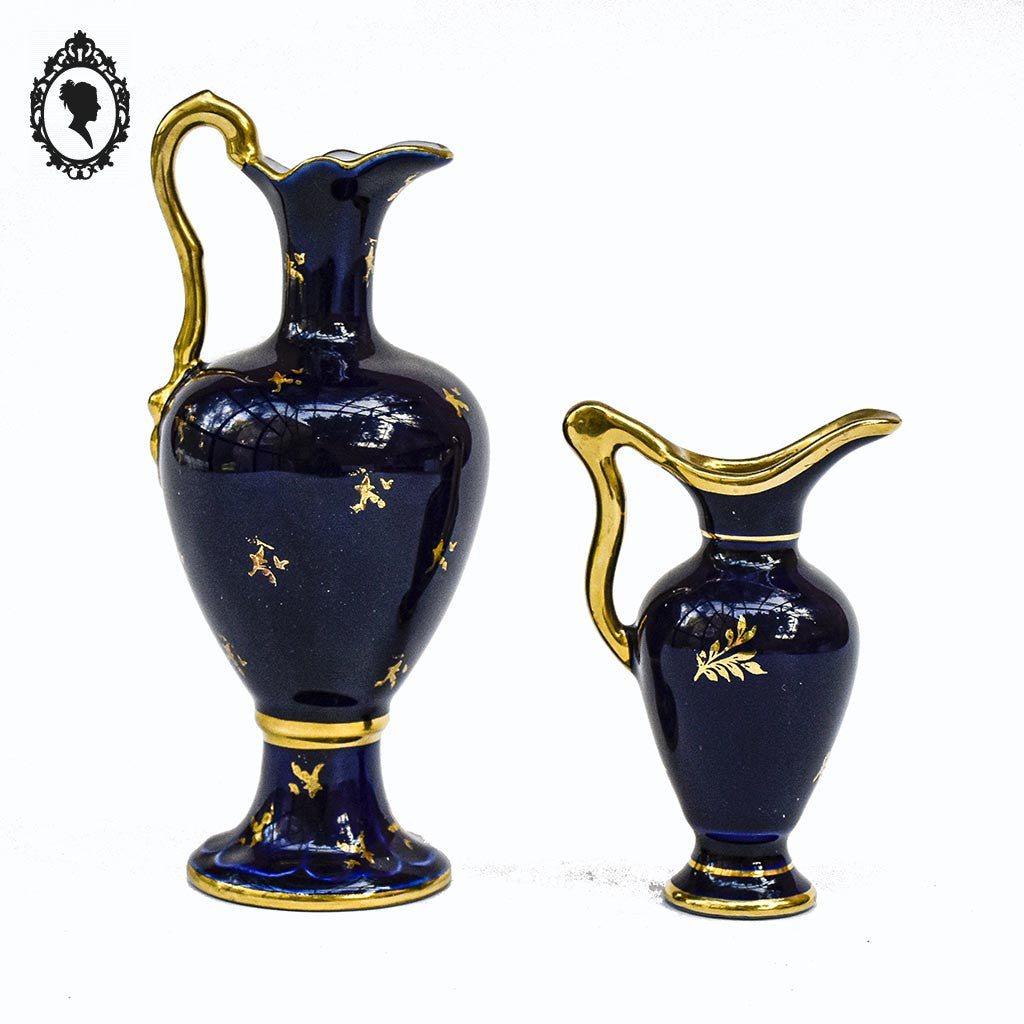 Lot 2 petites aiguières vases bec anse bleu et doré porcelaine de Limoges vintage