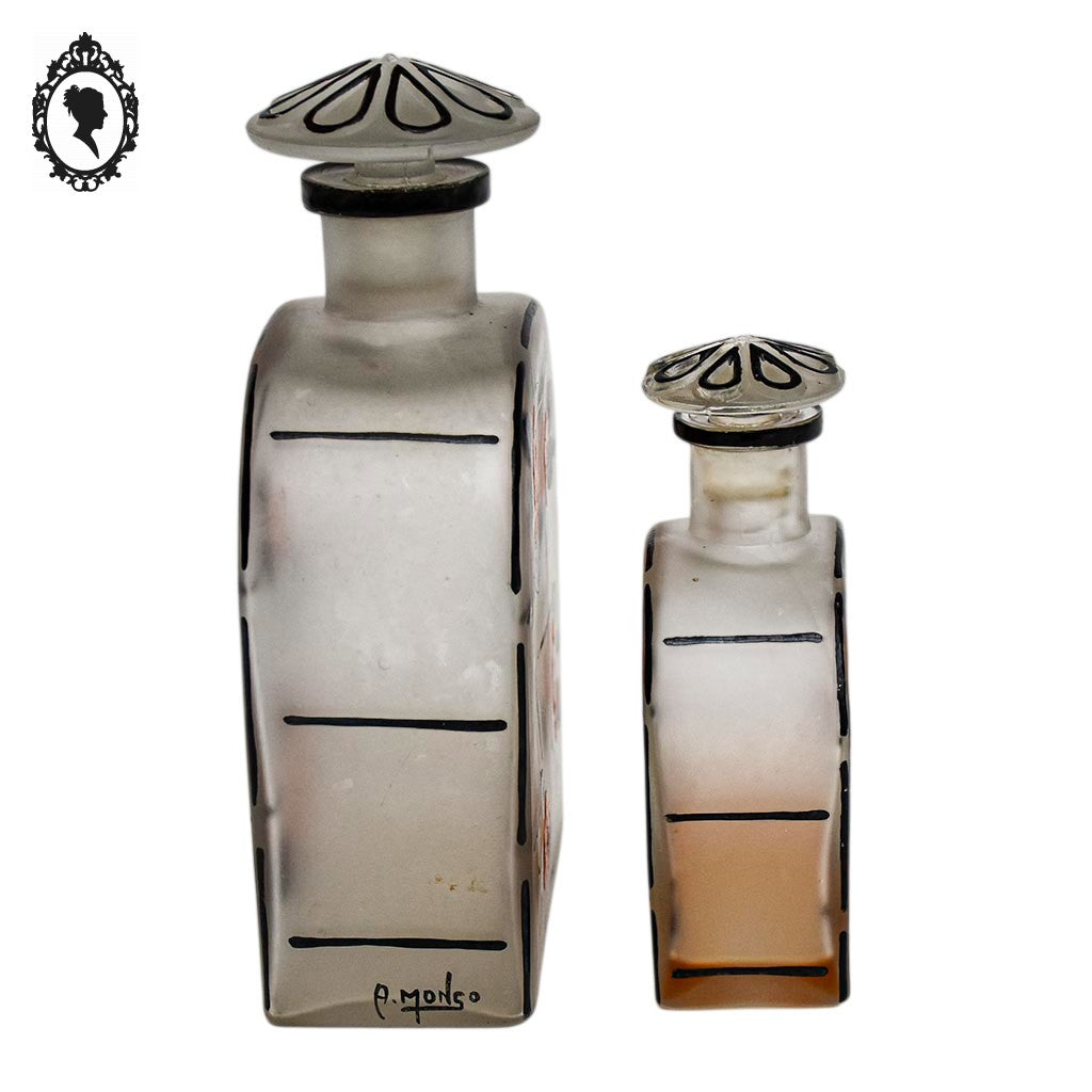 Lot 2 superbes anciens flacons parfum verre émaillé signé époque art déco