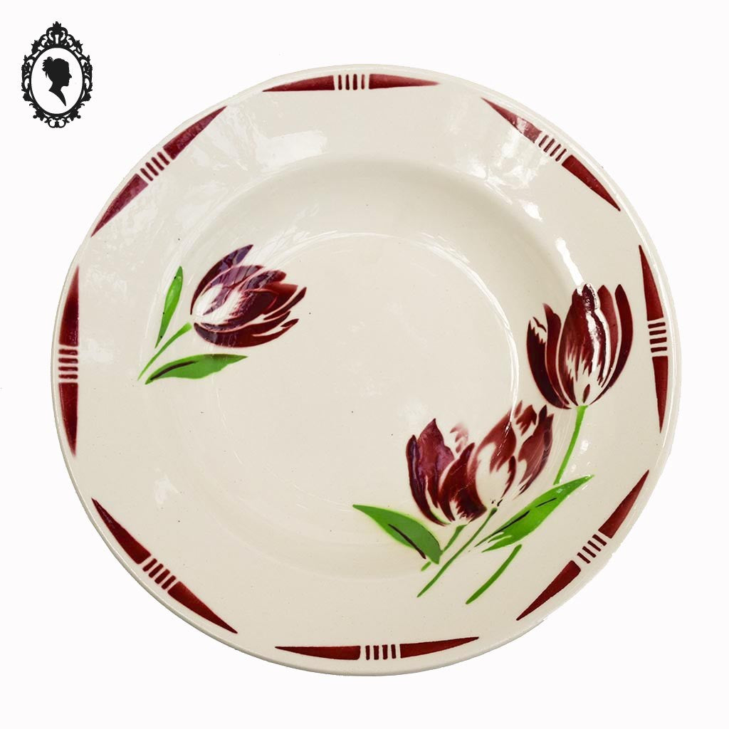 Lot 22 assiettes plates et creuses fleur tulipe rouge vert Badonviller vintage