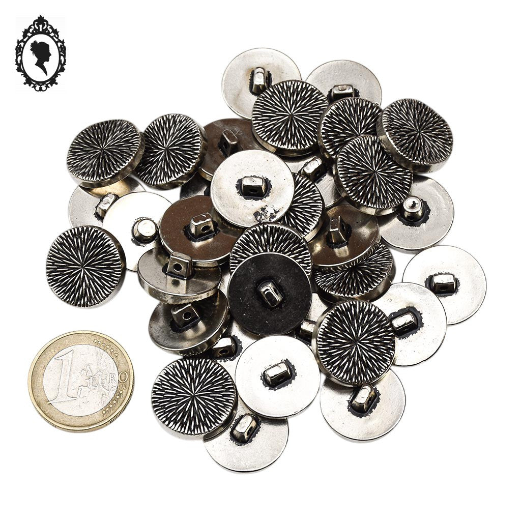 Lot 33 boutons gris argenté à queue plastique strié noir D 1,8 cm