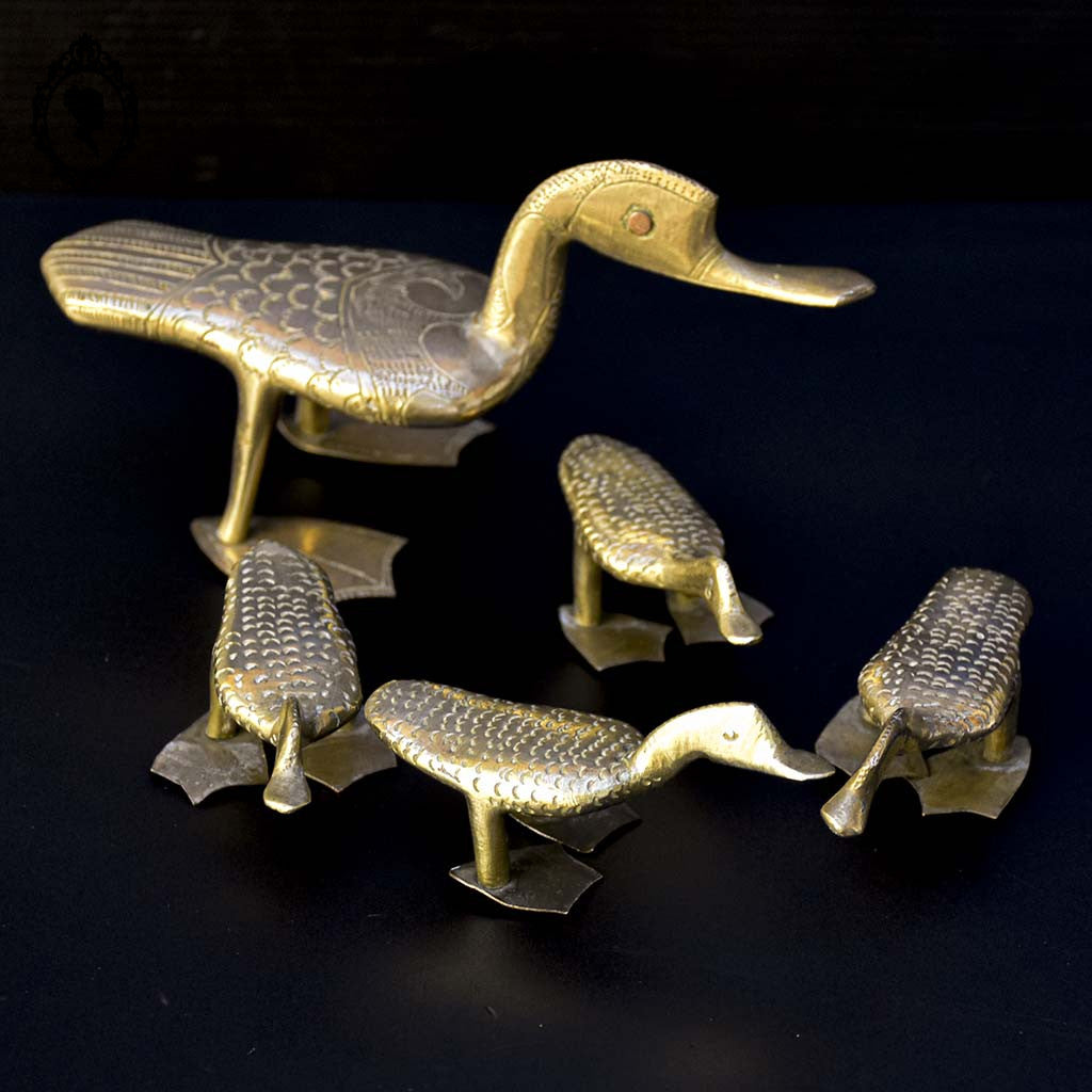 Lot 5 statues figurines canard et canetons dorés en laiton ou bronze vintage