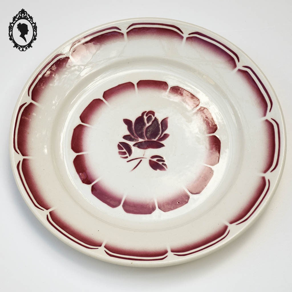 Lot 7 assiettes à dessert en porcelaine fleur rose rouge beige Badonvillier vintage