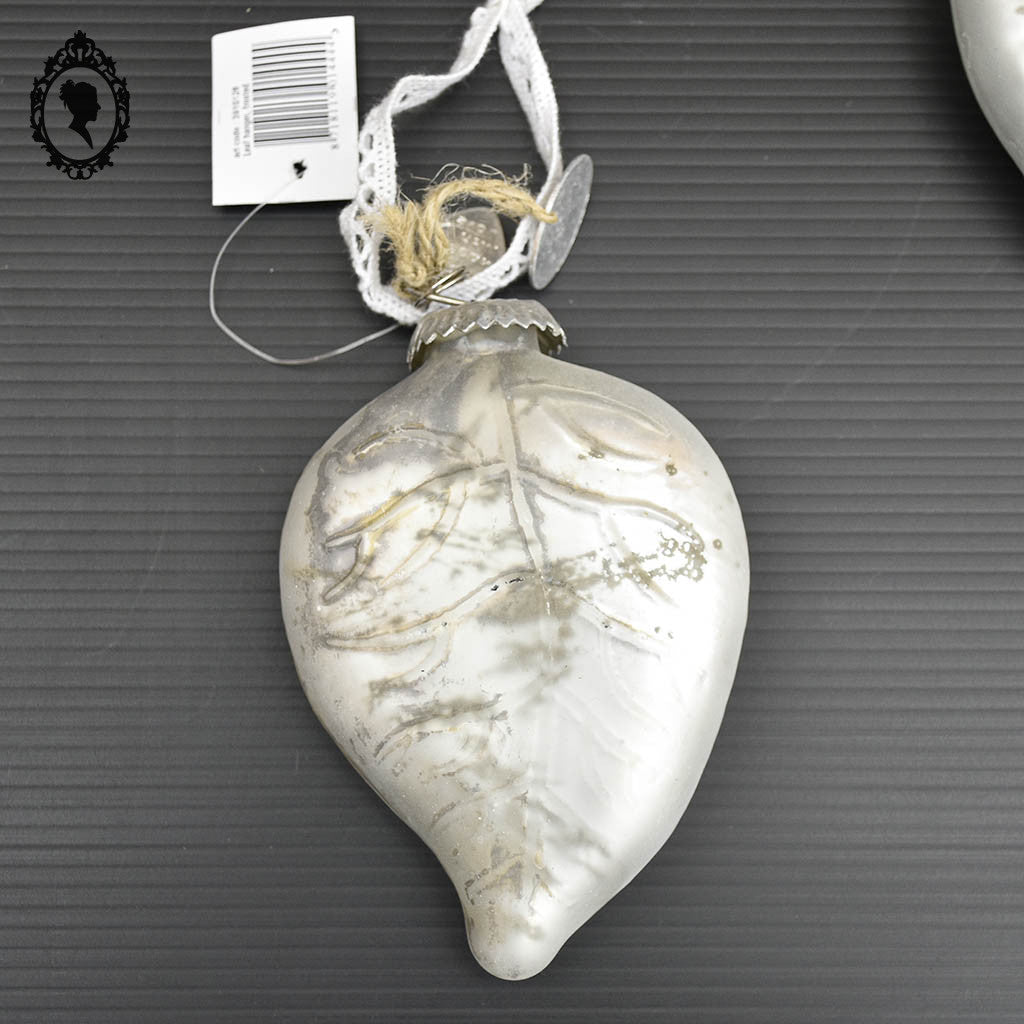 Lot de 3 boules de noël feuille en verre argent blanc mercurisé shabby chic