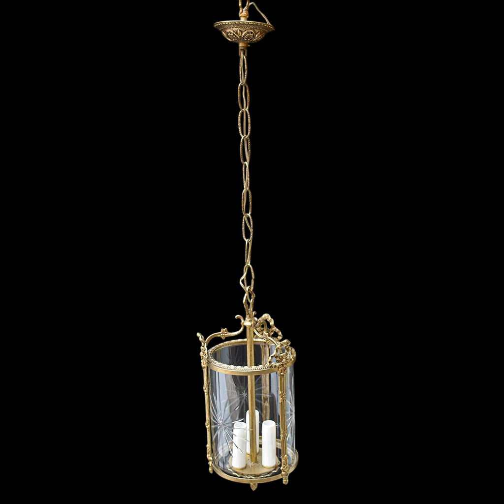Lustre plafonnier lanterne cage 3 lumières verre bronze doré vintage