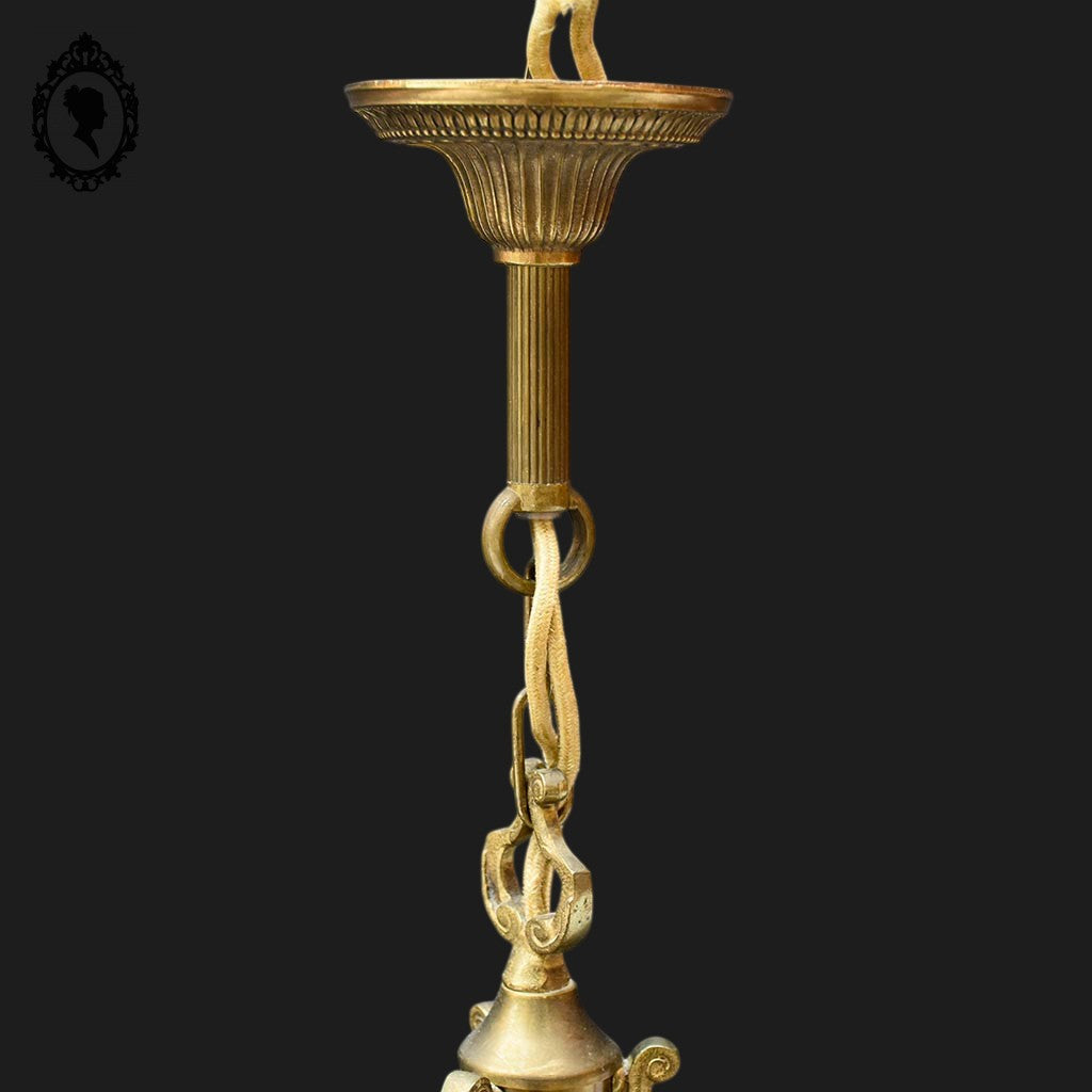 Lustre plafonnier rond lanterne cage 3 lumières verre laiton doré vintage