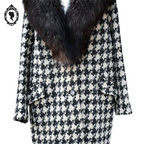 Manteau long femme laine pied-de-poule noir blanc col véritable fourrure T 52 54 vintage