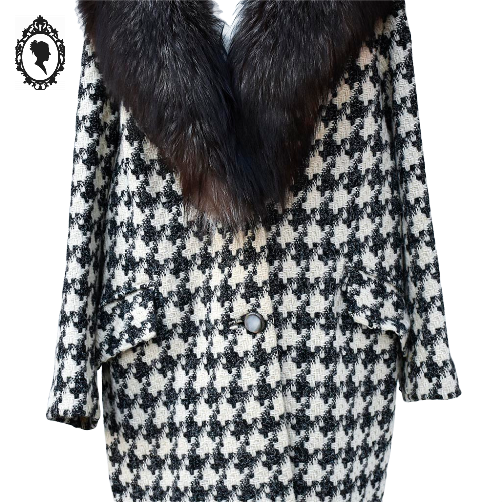 Manteau long femme laine pied-de-poule noir blanc col véritable fourrure T 52 54 vintage
