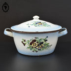 Marmite soupière émaillée fleurie bleu et blanc vintage ancienne