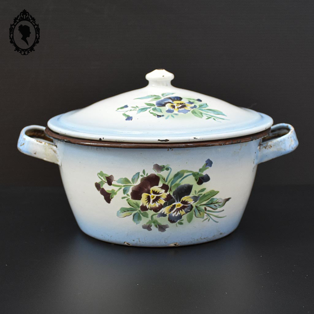 Marmite soupière émaillée fleurie bleu et blanc vintage ancienne
