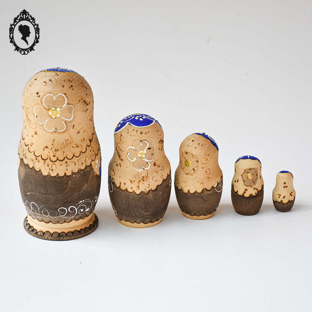 Matriochkas 5 poupées Russes gigognes bois naturel bleu doré