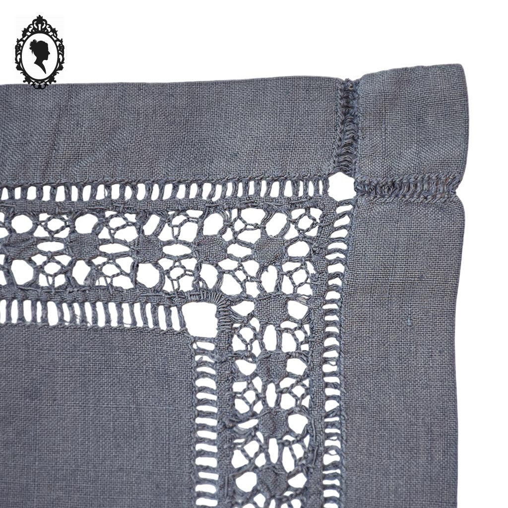 Napperon brodé lin gris carré 26 cm jours échelle et faisceaux fait main vintage