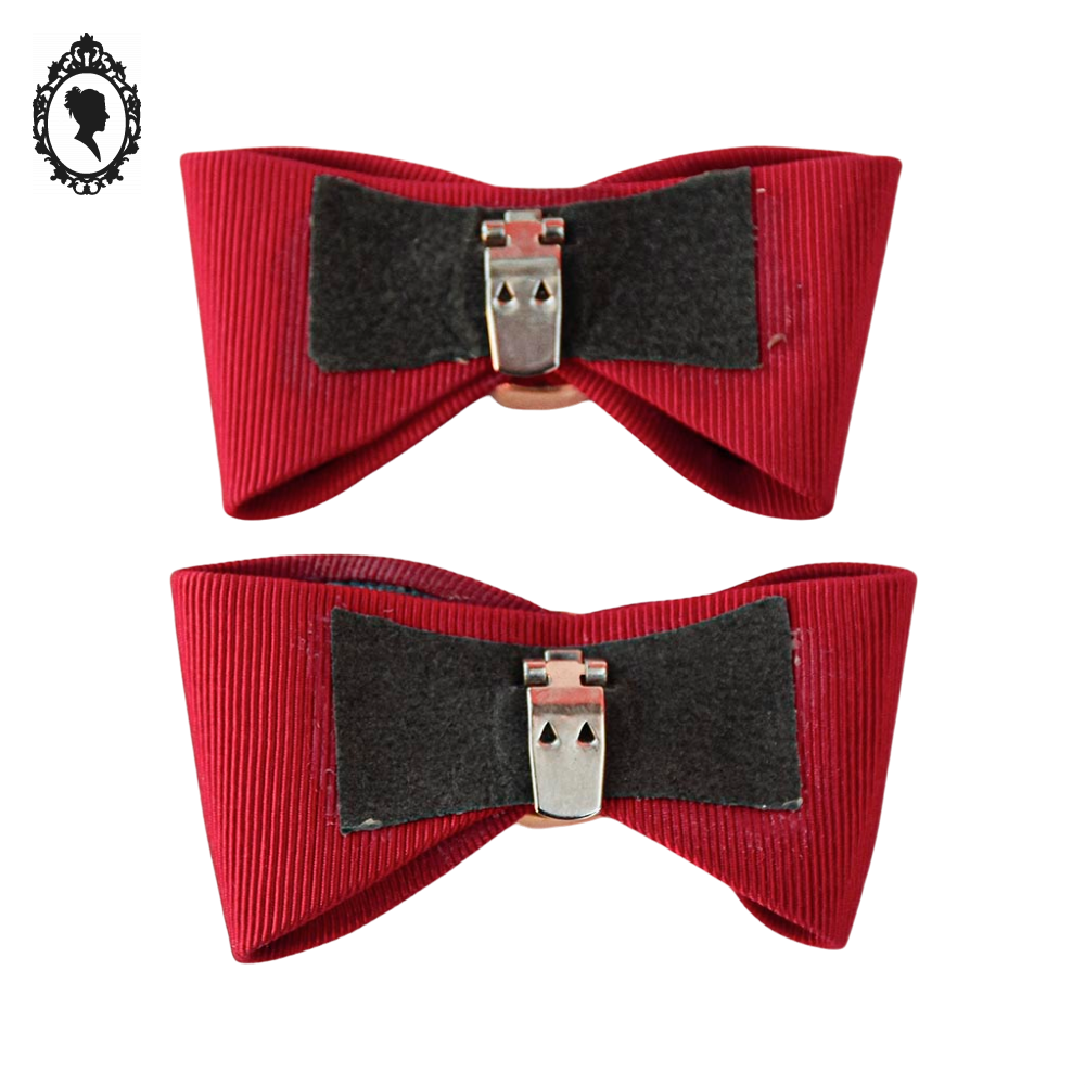 Paire de boucles clips pince pour chaussure nœud rouge tissu satiné vintage
