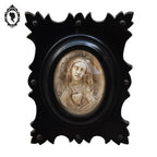 Paire de cadres reliquaires verre bombé noir ovale Christ et Marie calcaire pétrifié ancien Napoléon 3