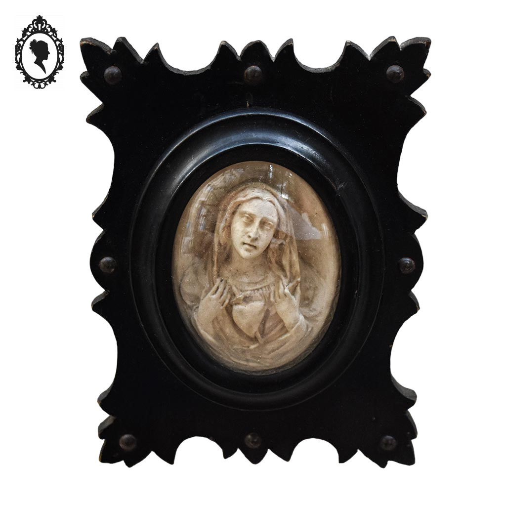 Paire de cadres reliquaires verre bombé noir ovale Christ et Marie calcaire pétrifié ancien Napoléon 3