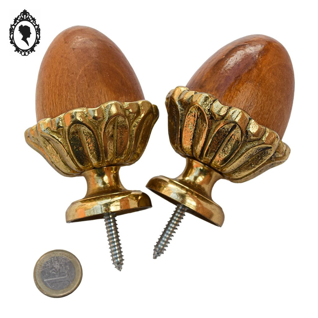 Paire de pomme de pin bronze doré bois ornementation embouts rideau vintage