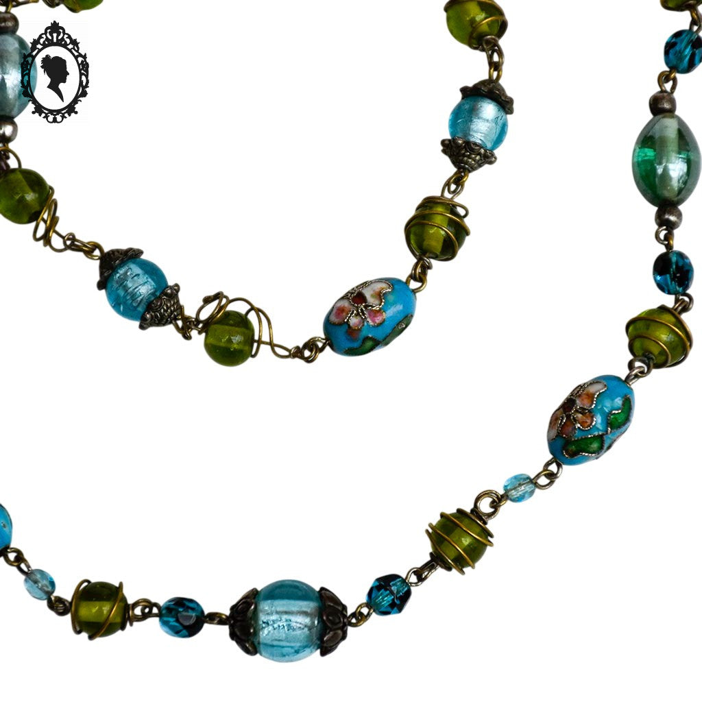 Parure collier bracelet perles bleu et verte fil laiton vintage