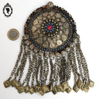 Pendentif collier ethnique antique nomade en métal vintage ancien H 18,5 cm