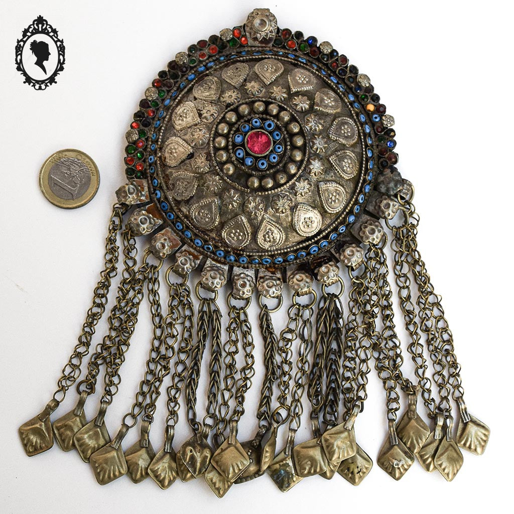 Pendentif collier ethnique antique nomade en métal vintage ancien H 18,5 cm