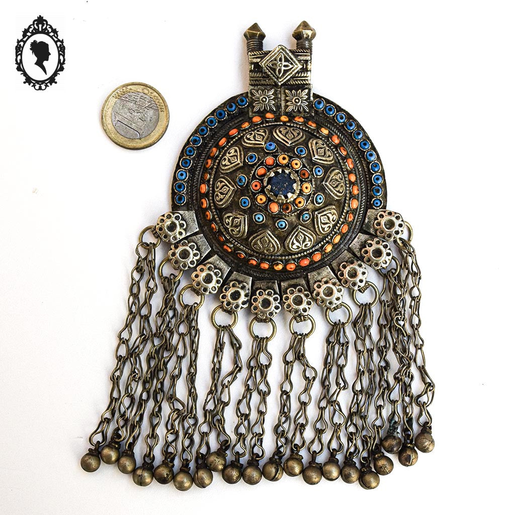 Pendentif collier ethnique métal antique H 16 cm nomade vintage ancien
