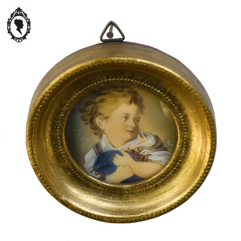Petit cadre miniature portrait Enfant aux cerises Fragonard sur ivoire signé ancien