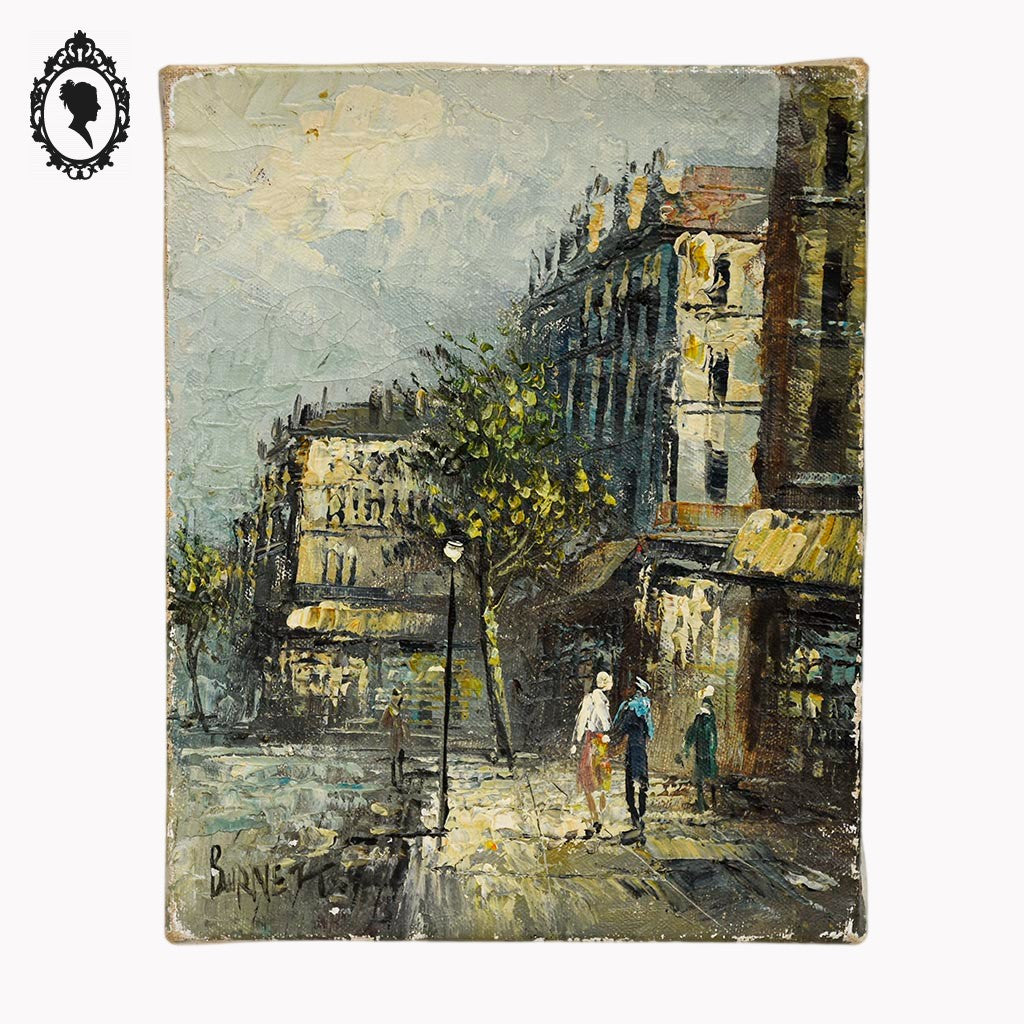 Petite toile tableau peinture à l’huile rue de Paris signé Burnett vintage