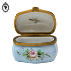 Pilulier boite romantique bleue fleurie dorée porcelaine vintage