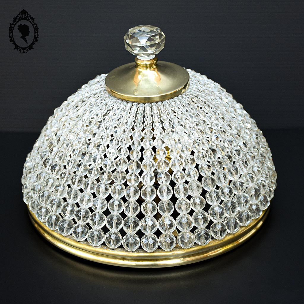 Plafonnier lustre art déco guirlandes de perles pointe diamant cristal laiton ancien