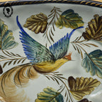 Plat oiseau en faïence style barbotine vert nacré H. Bequet Belgique L 33 cm vintage