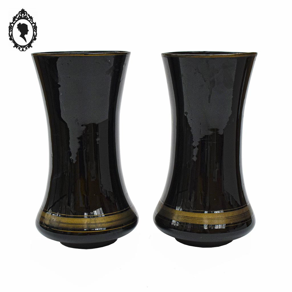 Rare paire de vases en opaline noire fleurs émaillées anciens début XXème