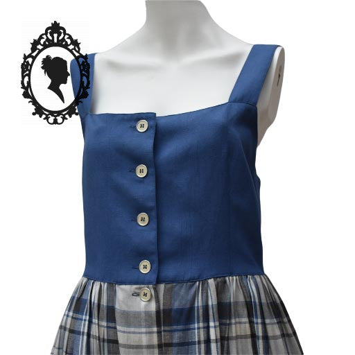 Robe longue à carreaux bleu blanc gris coton lin vintage T 38 40