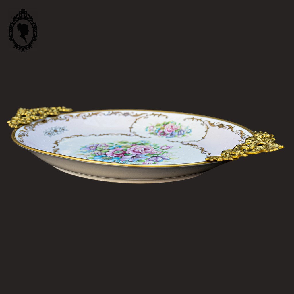 Romantique plat ovale fleuri porcelaine de Limoges rose poignées laiton Burroughs ancien