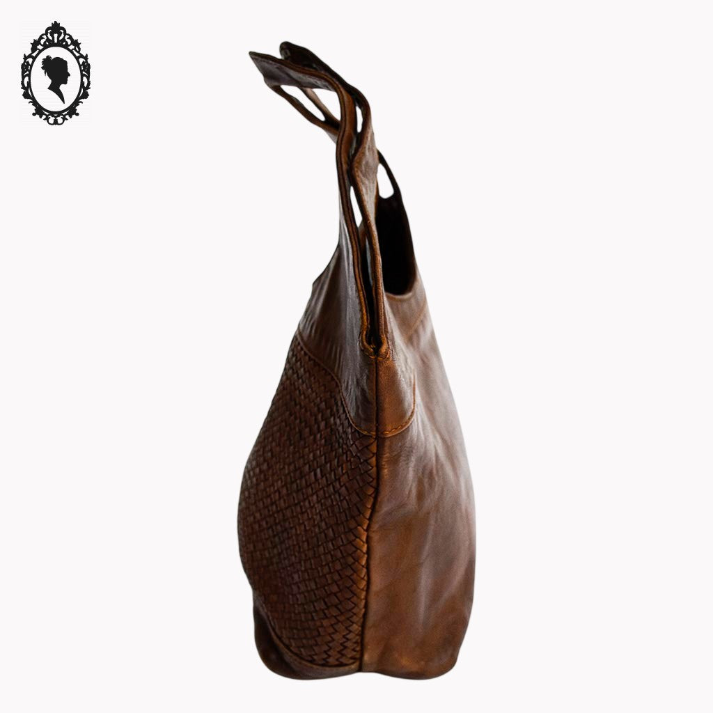 Sac cabas cuir cognac marron devant tressé vintage