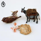 Santons crèche de Noël Jésus panier paille bœuf âne vintage