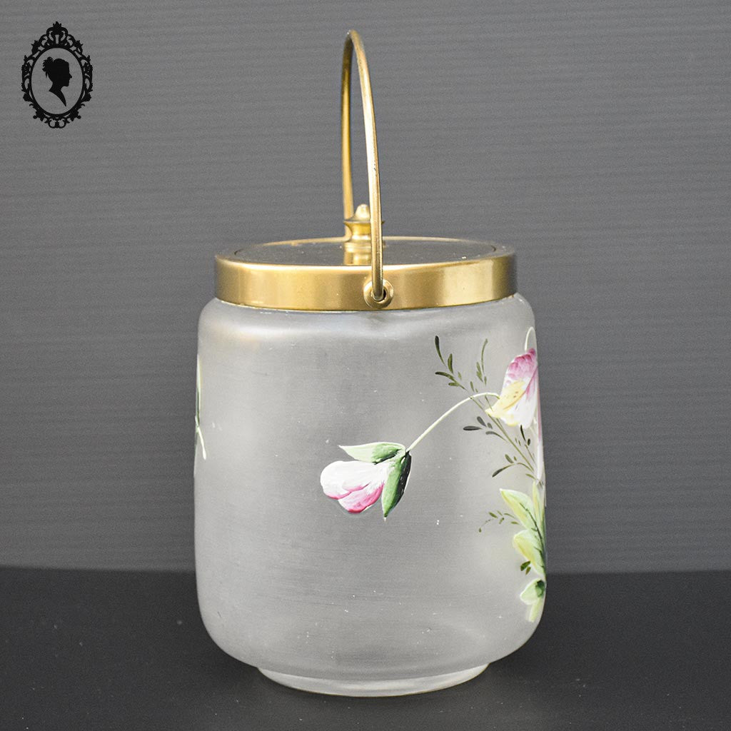 Sceau pot à biscuits verre mat fleur émaillée rose jaune vert ancien art nouveau