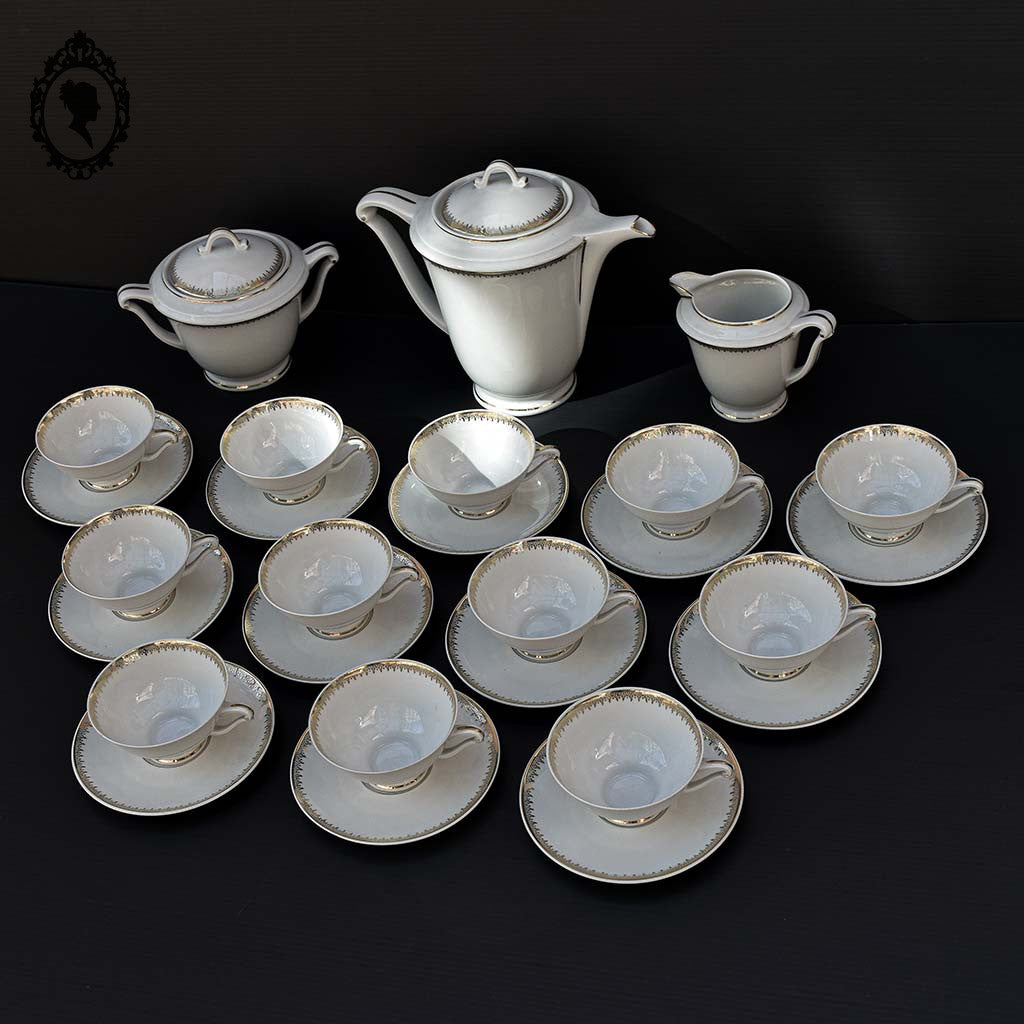 Service 12 tasses à café pots cafetière sucrier porcelaine fine UC Limoges blanc doré