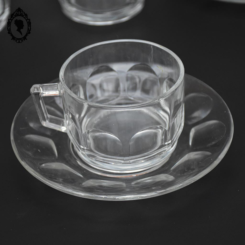 Service 8 tasses et sous tasses à café Arcopal France verre blanc transparent vintage
