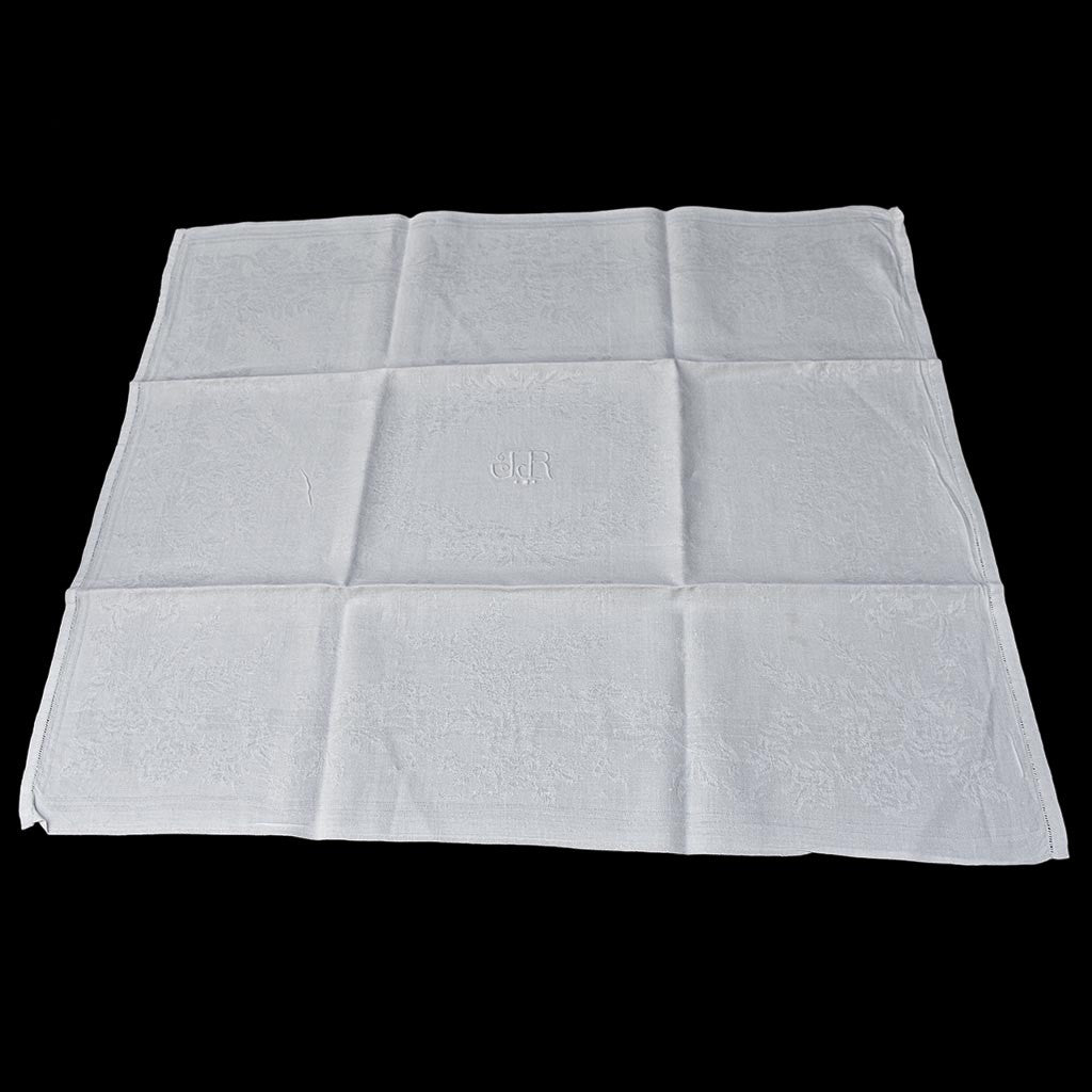 Service nappe et 12 serviettes de table anciennes damassées blanches monogramme JR