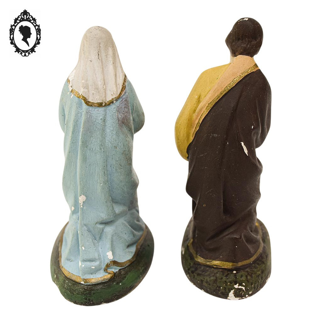 Statues religieuses 3 santons de crèche Marie Joseph et Jésus en plâtre vintage H 13 cm