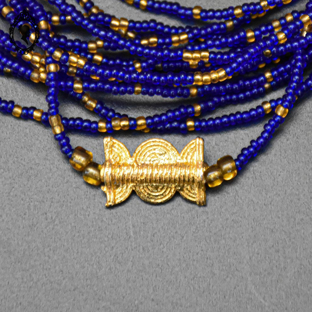 Superbe collier perles de rocaille coloré bleu doré 15 rangs vintage