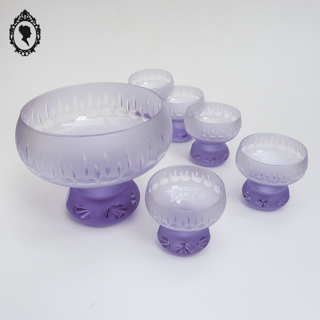 Rare service à dessert coupe et 5 coupelles en cristal violet ancien Art Déco
