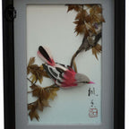 Adorable tableau oiseau rose cadre à relief chinois asiatique blanc gris noir plume vintage