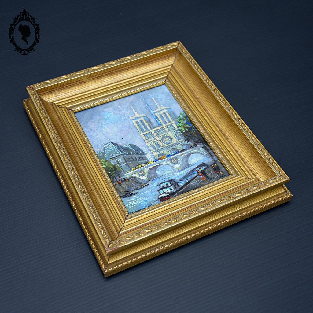 Tableau peinture à l’huile Notre Dame de Paris souvenir Montmartre 1983 18 x 14 cm