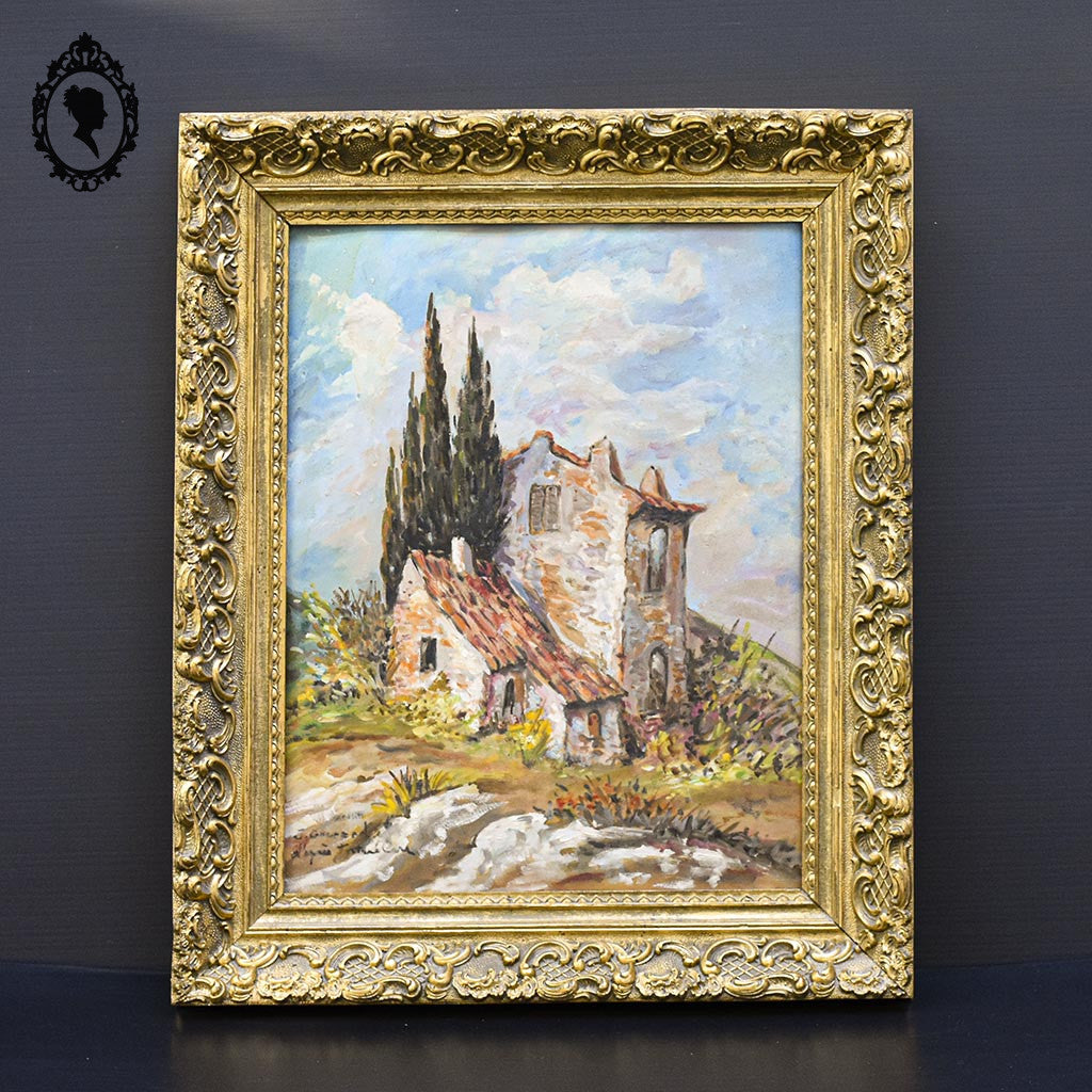 Tableau peinture à l’huile paysage mas Provence signé Guerard sur isorel vintage